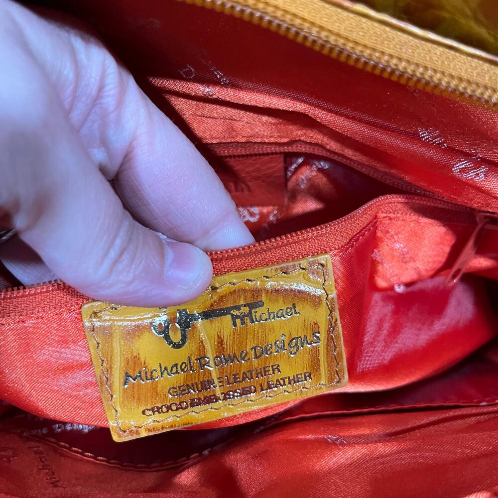 Michael Rome Designs Crocc Embossed Large Orange Leather Pockets Shoulder Bag - Picture 4 of 11